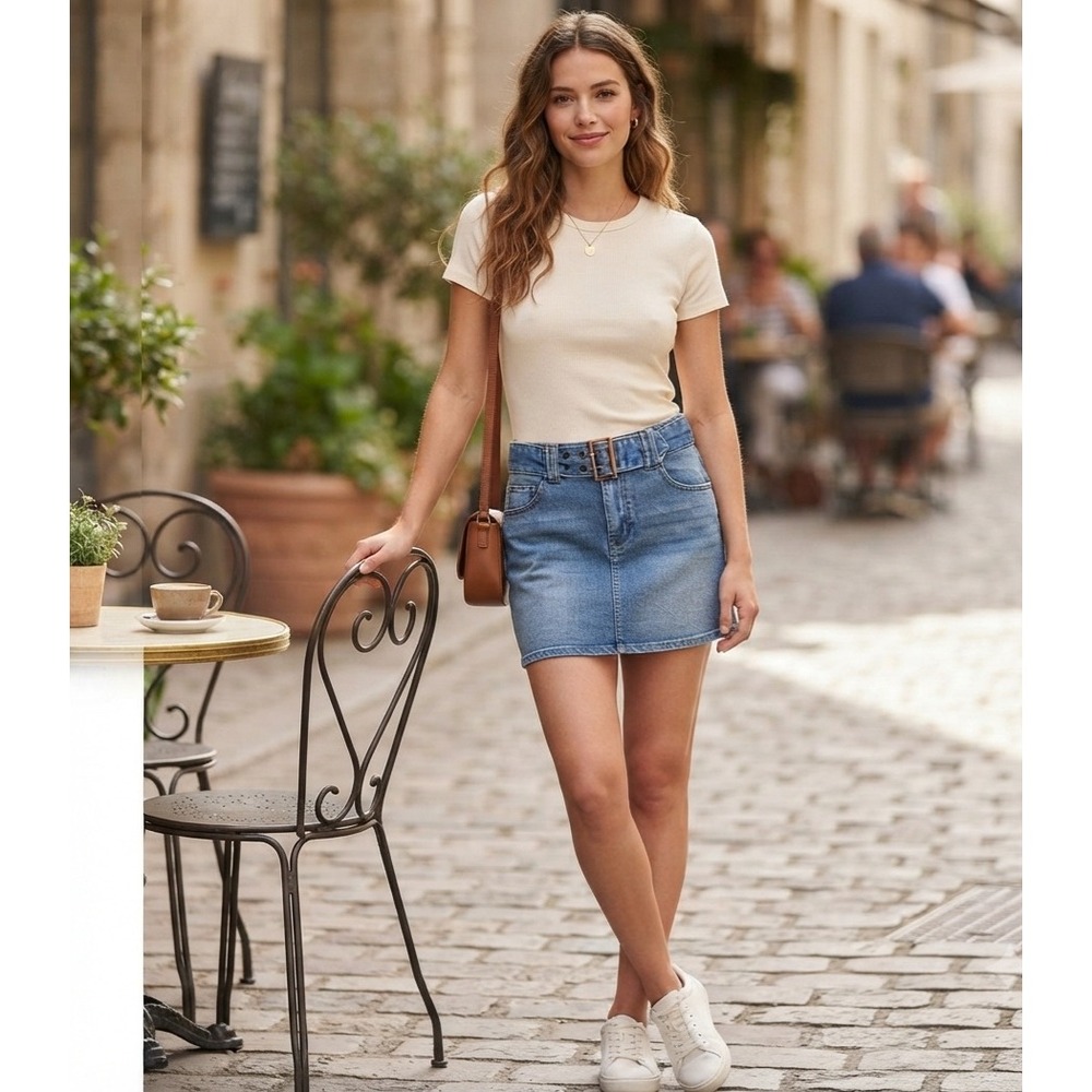 Sincerely Jules Blue Denim Belted Mini Skirt Medium Wash Size 5/26